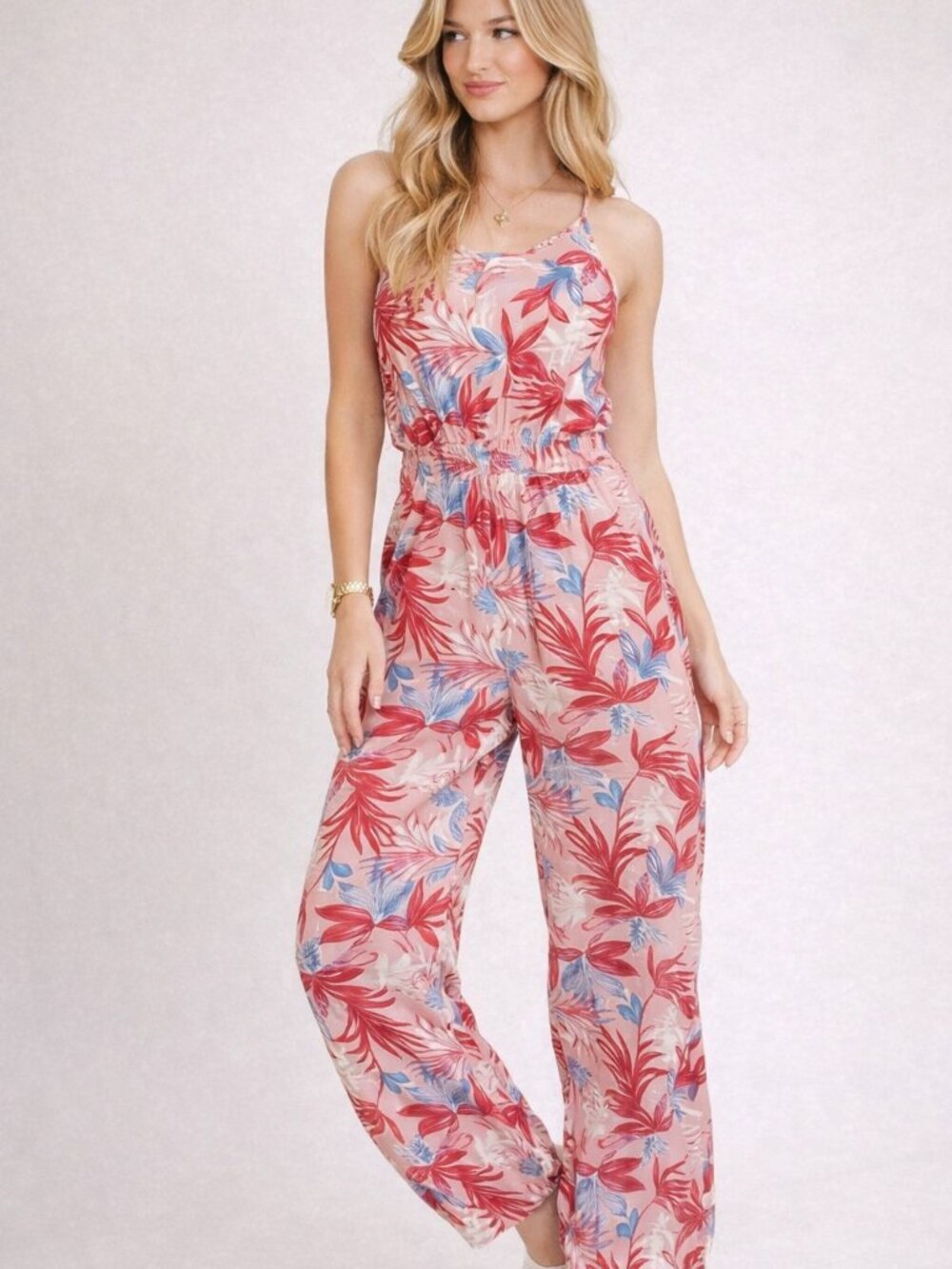 Pink Floral Smocked Jumpsuit | Ruffle Detail Wide Leg Boho Summer Outfit